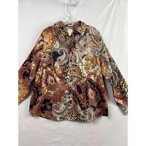 Chico's No-Iron Button Down Shirt Womens 2 US Sz L Multicolor Paisley Leopard